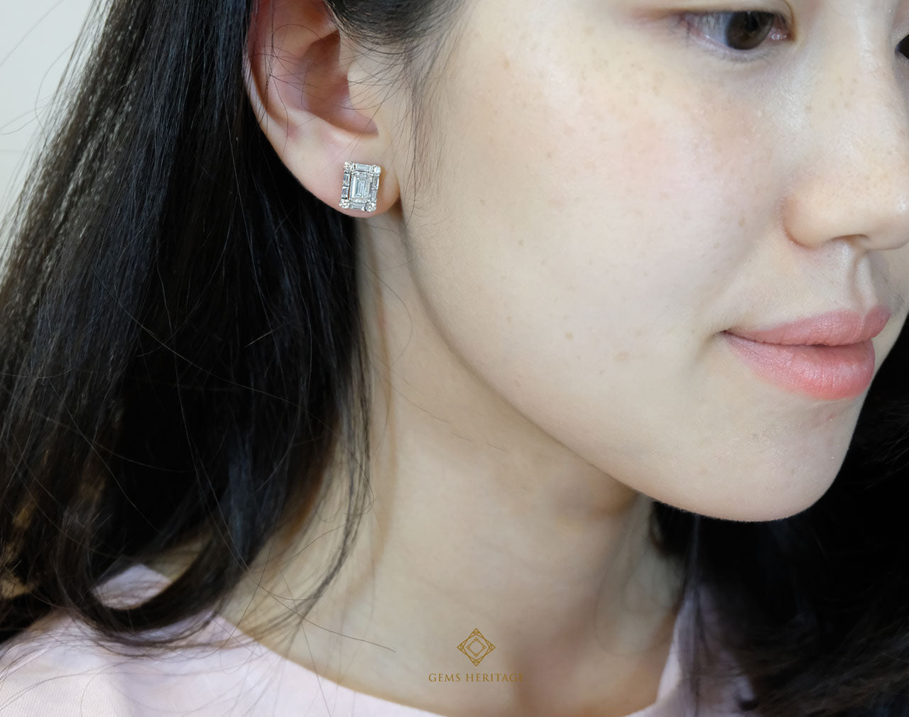 Emerald cut with baguette halo diamond earrings (erwg094)