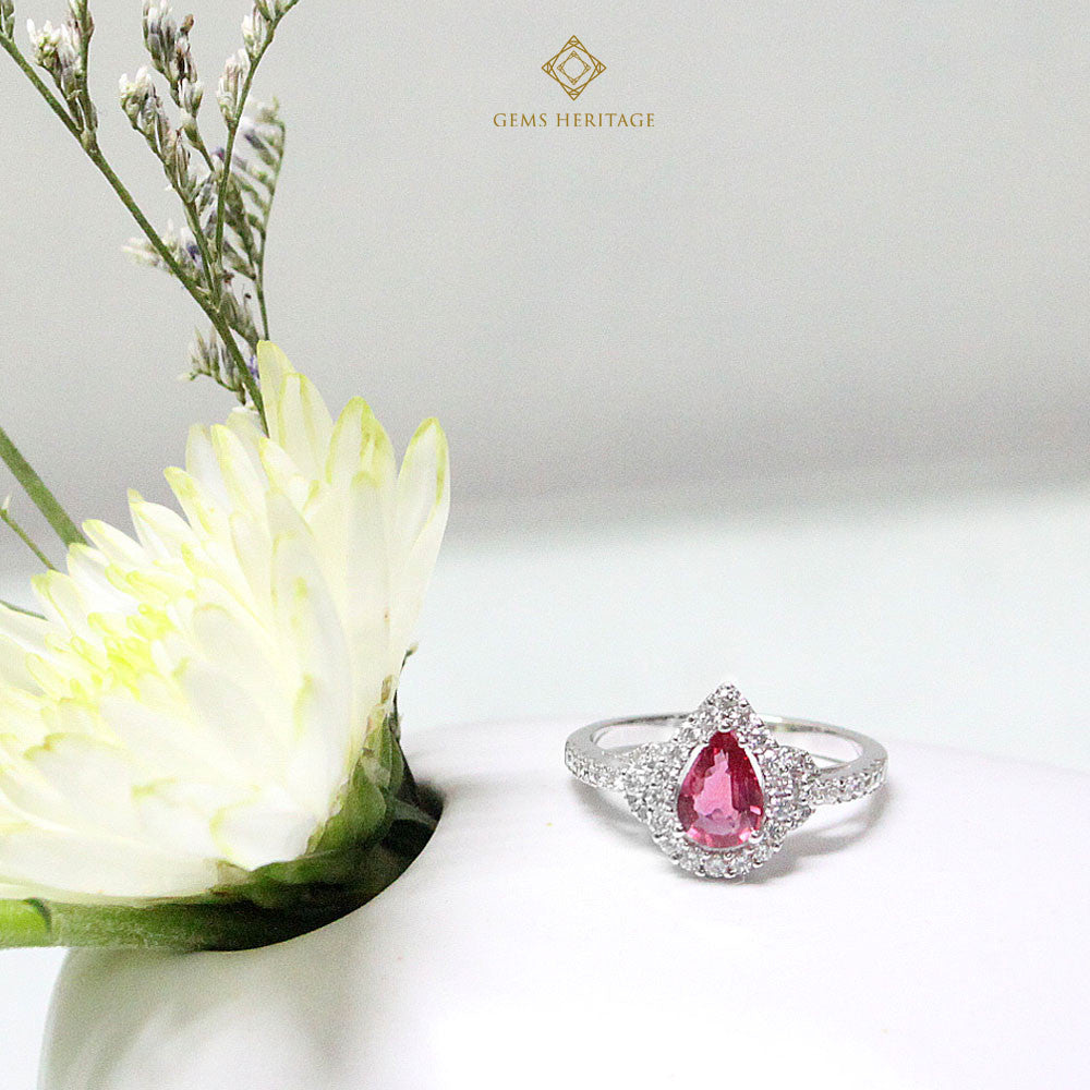 Pear shaped Ruby halo ring