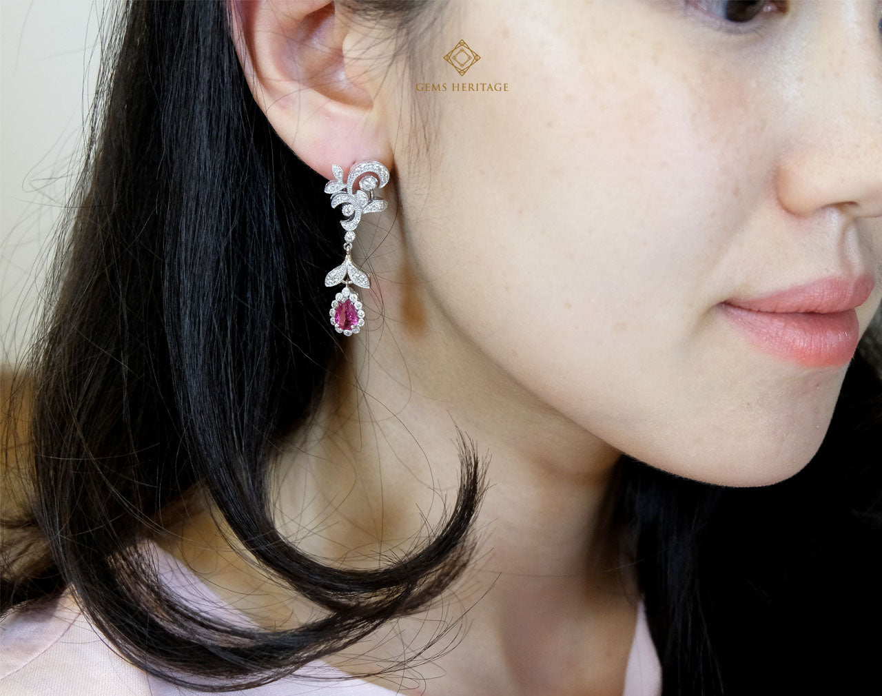 leaves and ruby drop diamond earrings