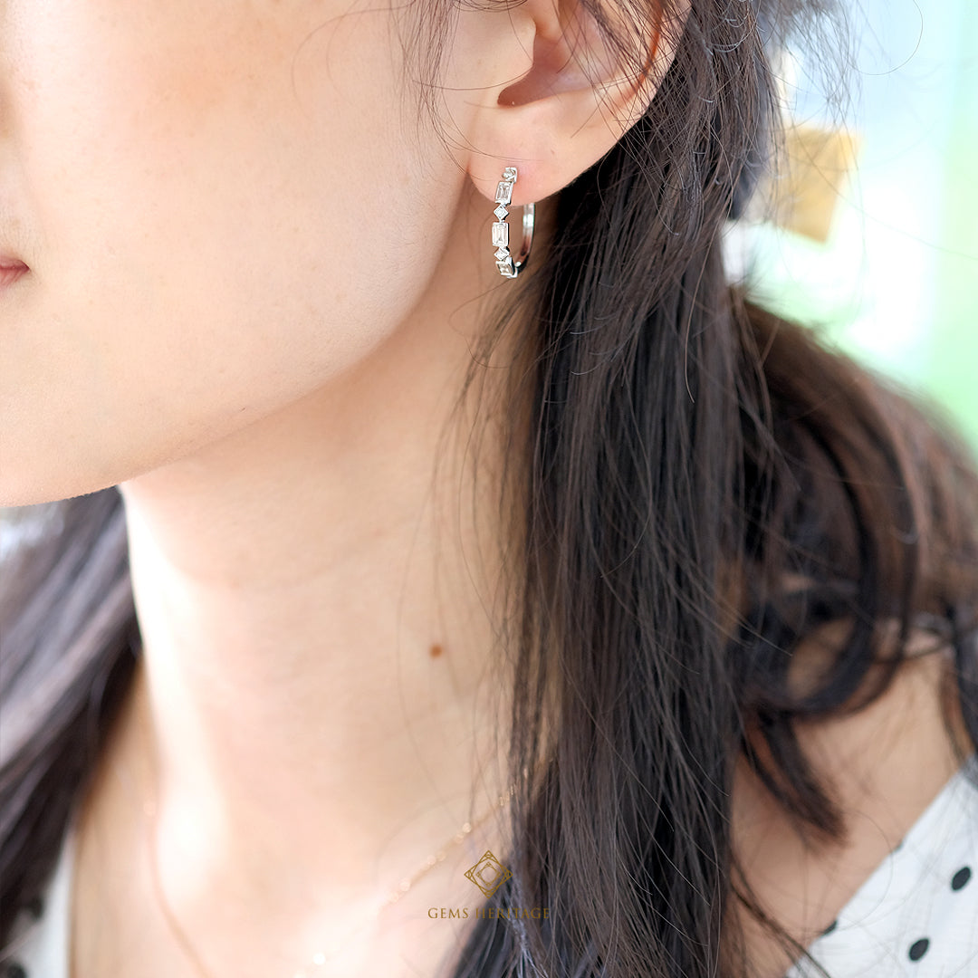 Baguette and round diamond hoop earrings  (erwg207)