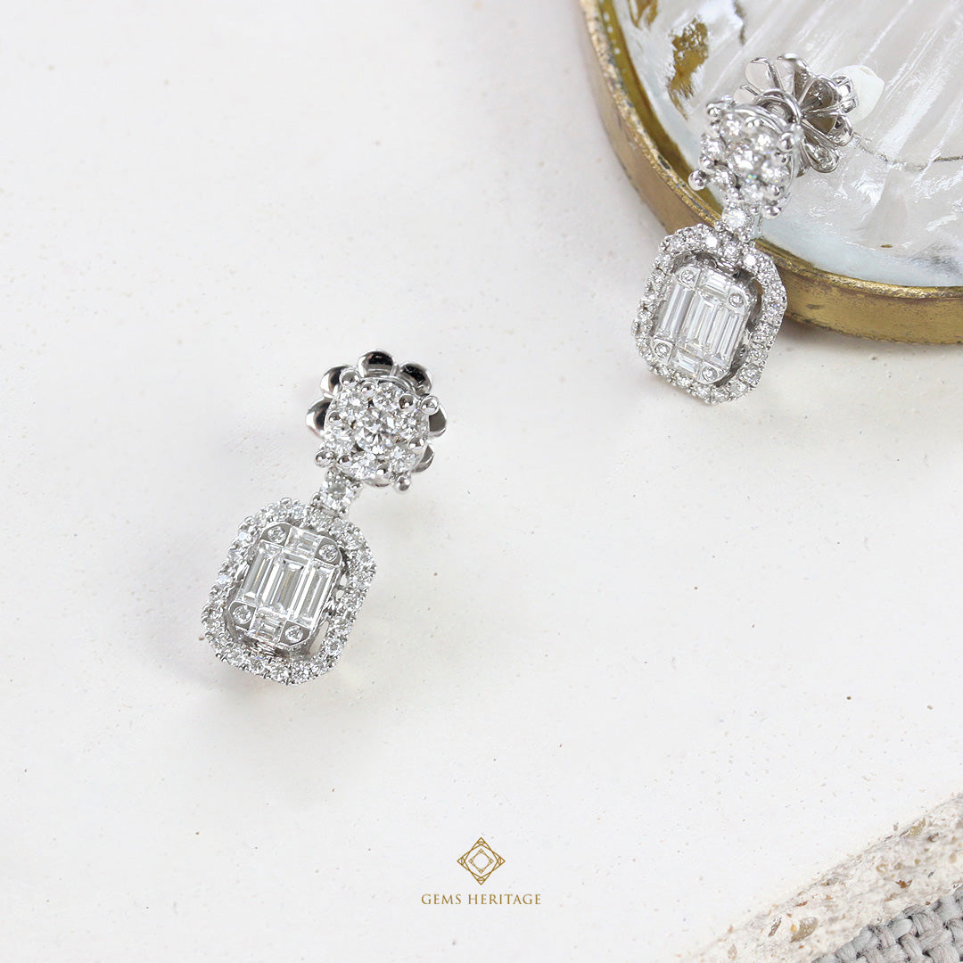 Round and emerald cut diamond drop earrings (erwg254)