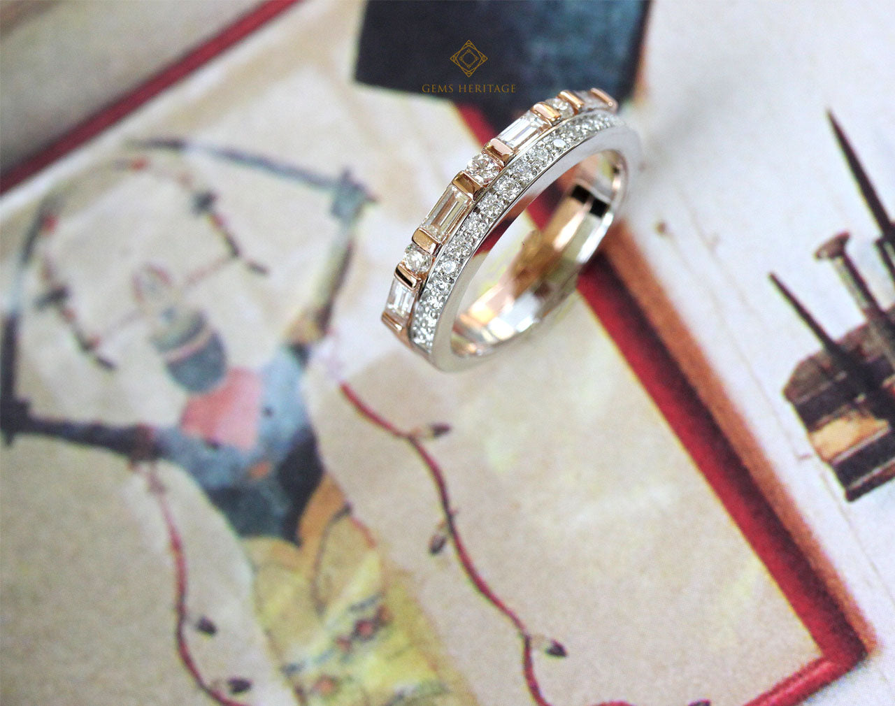 Two lines baguette alternate round diamond ring (rwg220)